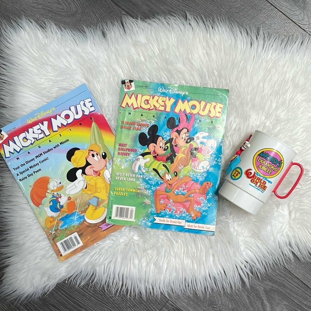 Vintage Walt Disney Mickey Mouse magazines and 3D Mickeys diamond Jubilee mug